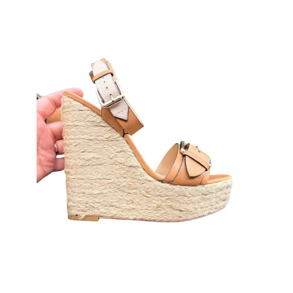 Pour La Victoire Espadrille Wedge Sandals Brown Leather Size 8